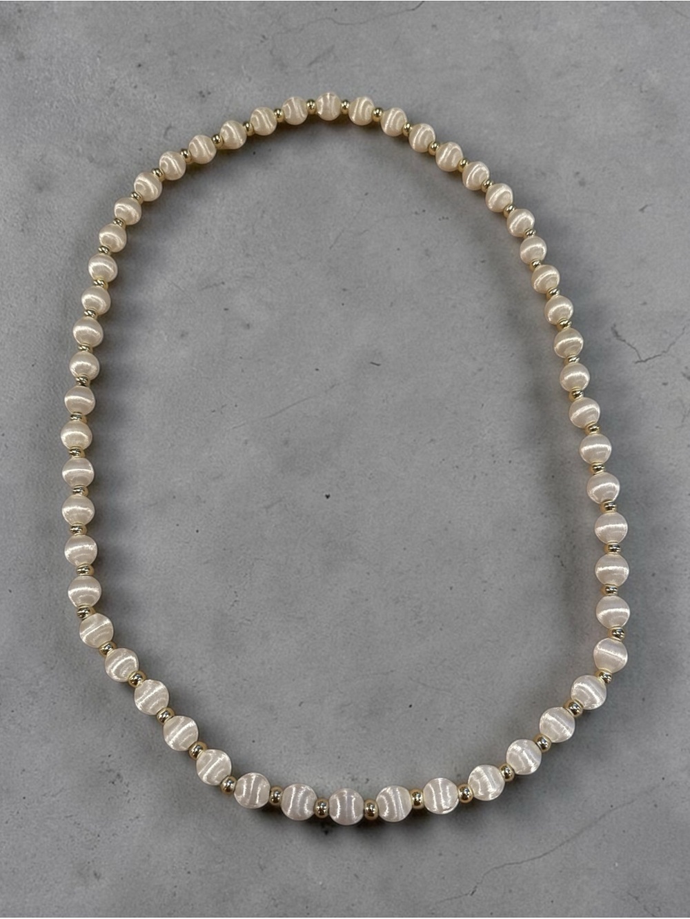 Vintage Silk-Bead Necklace in White with Gold Accents